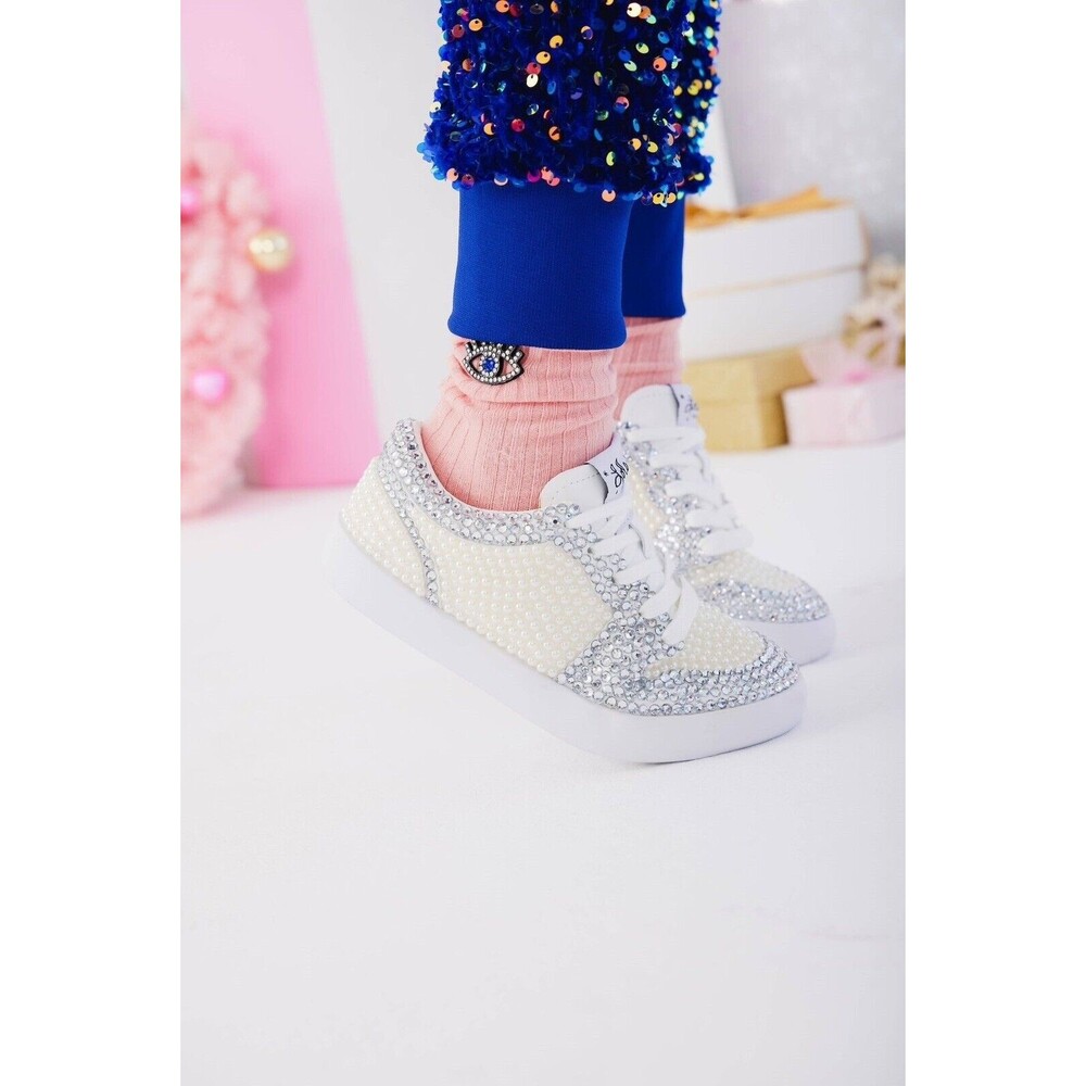 Lola and the Boys Rhinestone & Peals White Sneakers Girls Kids Designer 6Y 6